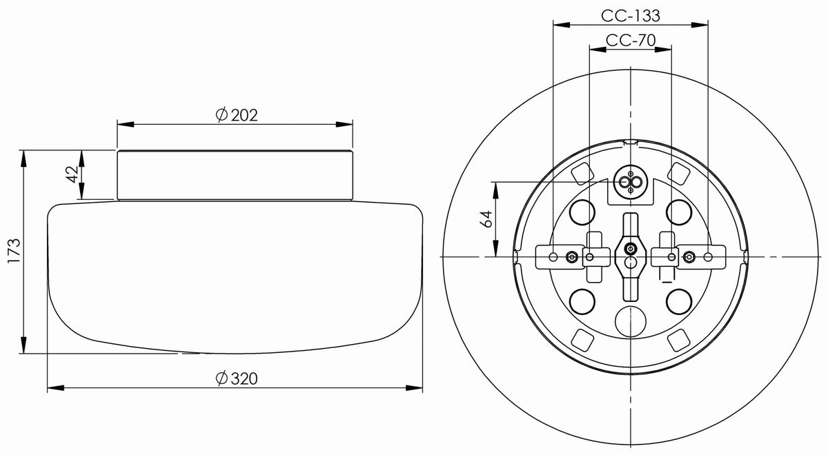 Technische Zeichnung Ifö Electric Solenne 320/170 mit Abmessungen: Ø320mm Höhe173mm, CC-Messung133/70mm, E27-Fassung, IP44 Schutzklasse, Bodenanschluss Kabel