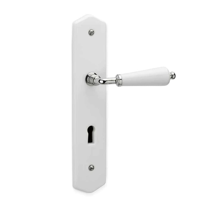 Türbeschlag Langschild 255mm Porzellan weiß Buntbart schlicht zusammen mit Türdrücker
